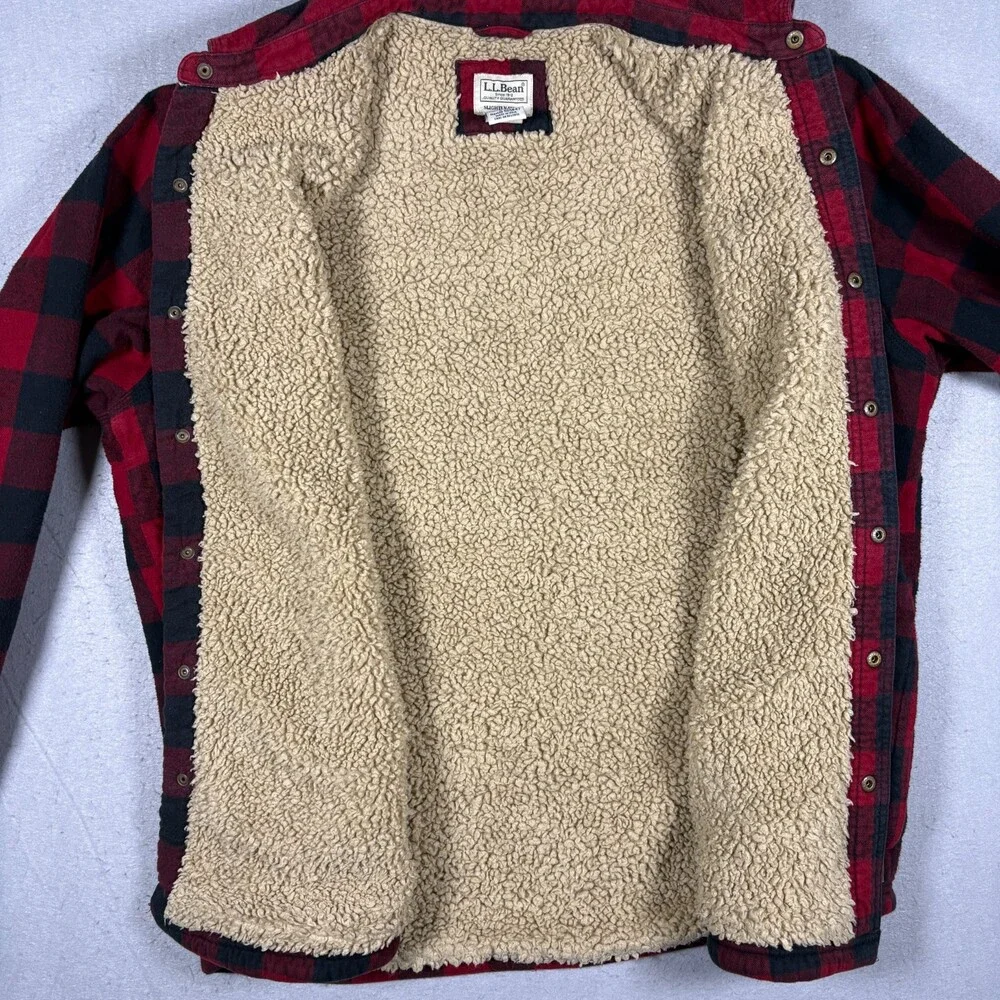 LL Bean Sherpa Lined Scotch Plaid Flannel Shirt Jacket Mens XL Red Buffalo Snap